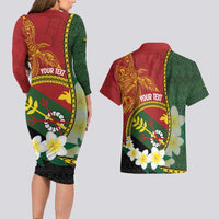 Personalised PNG Simbu Provins Couples Matching Long Sleeve Bodycon Dress and Hawaiian Shirt Papua New Guinea Plumeria Melanesian Pattern - Polynesian Pride