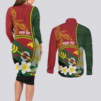Personalised PNG Simbu Provins Couples Matching Long Sleeve Bodycon Dress and Long Sleeve Button Shirt Papua New Guinea Plumeria Melanesian Pattern - Polynesian Pride