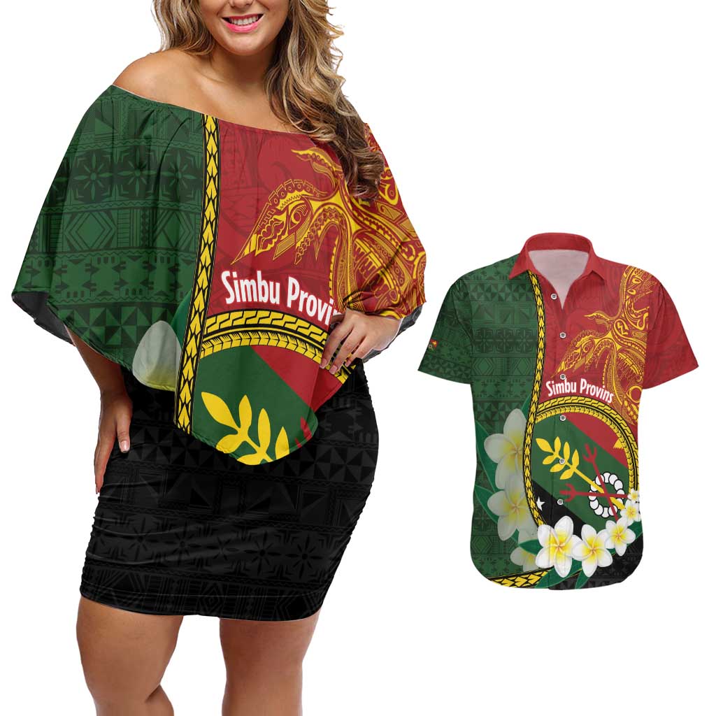 Personalised PNG Simbu Provins Couples Matching Off Shoulder Short Dress and Hawaiian Shirt Papua New Guinea Plumeria Melanesian Pattern - Polynesian Pride