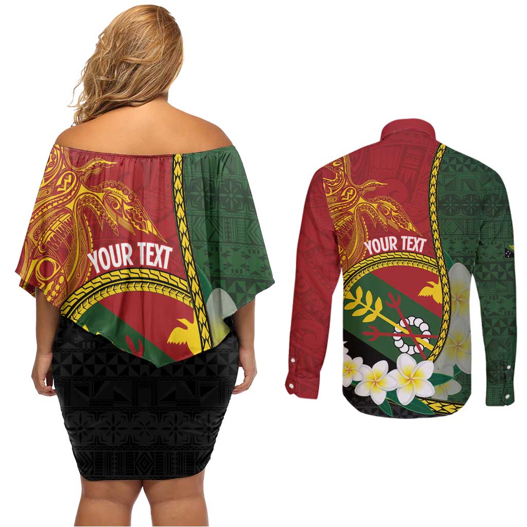 Personalised PNG Simbu Provins Couples Matching Off Shoulder Short Dress and Long Sleeve Button Shirt Papua New Guinea Plumeria Melanesian Pattern - Polynesian Pride