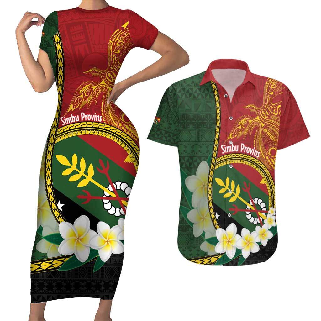 Personalised PNG Simbu Provins Couples Matching Short Sleeve Bodycon Dress and Hawaiian Shirt Papua New Guinea Plumeria Melanesian Pattern - Polynesian Pride