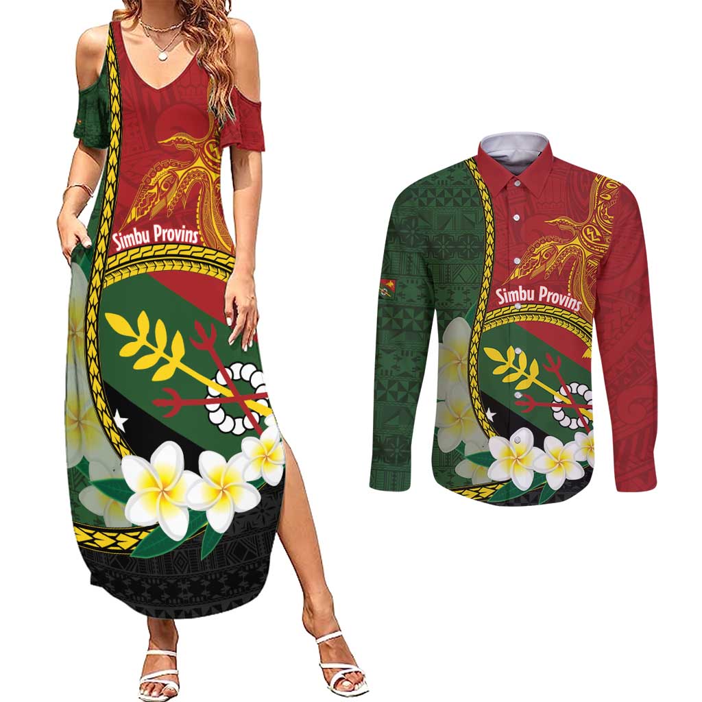 Personalised PNG Simbu Provins Couples Matching Summer Maxi Dress and Long Sleeve Button Shirt Papua New Guinea Plumeria Melanesian Pattern - Polynesian Pride