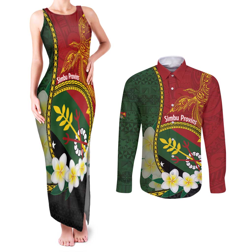 Personalised PNG Simbu Provins Couples Matching Tank Maxi Dress and Long Sleeve Button Shirt Papua New Guinea Plumeria Melanesian Pattern - Polynesian Pride