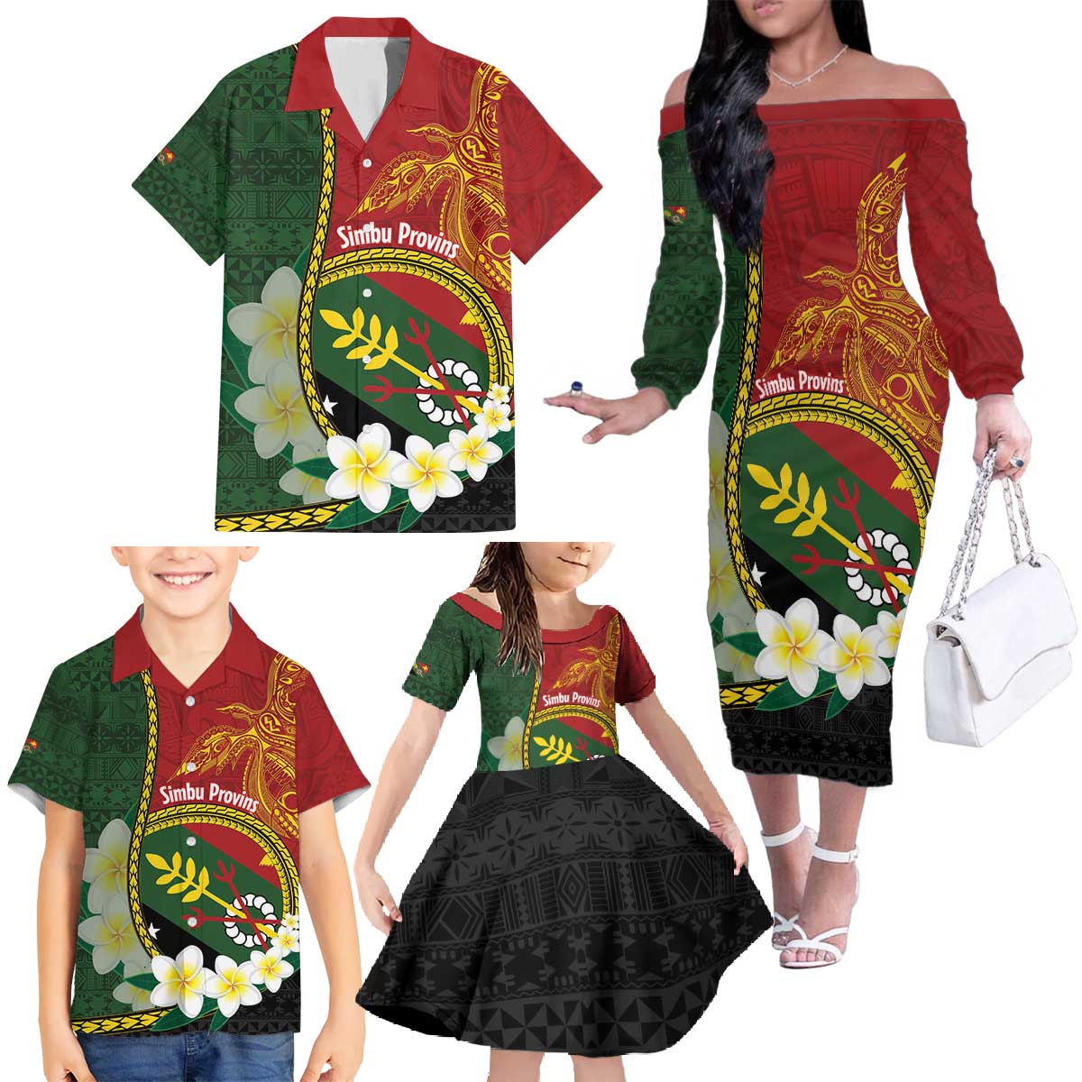 Personalised PNG Simbu Provins Family Matching Off The Shoulder Long Sleeve Dress and Hawaiian Shirt Papua New Guinea Plumeria Melanesian Pattern - Polynesian Pride