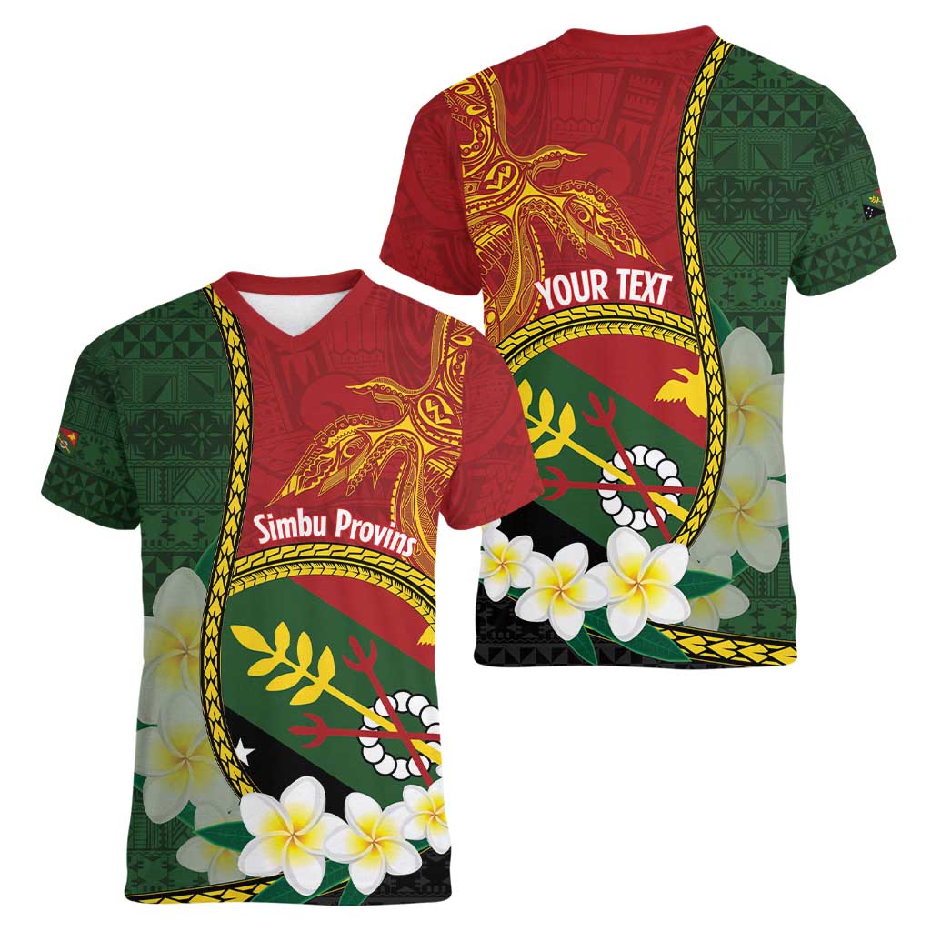 Personalised PNG Simbu Provins Women V-Neck T-Shirt Papua New Guinea Plumeria Melanesian Pattern - Polynesian Pride