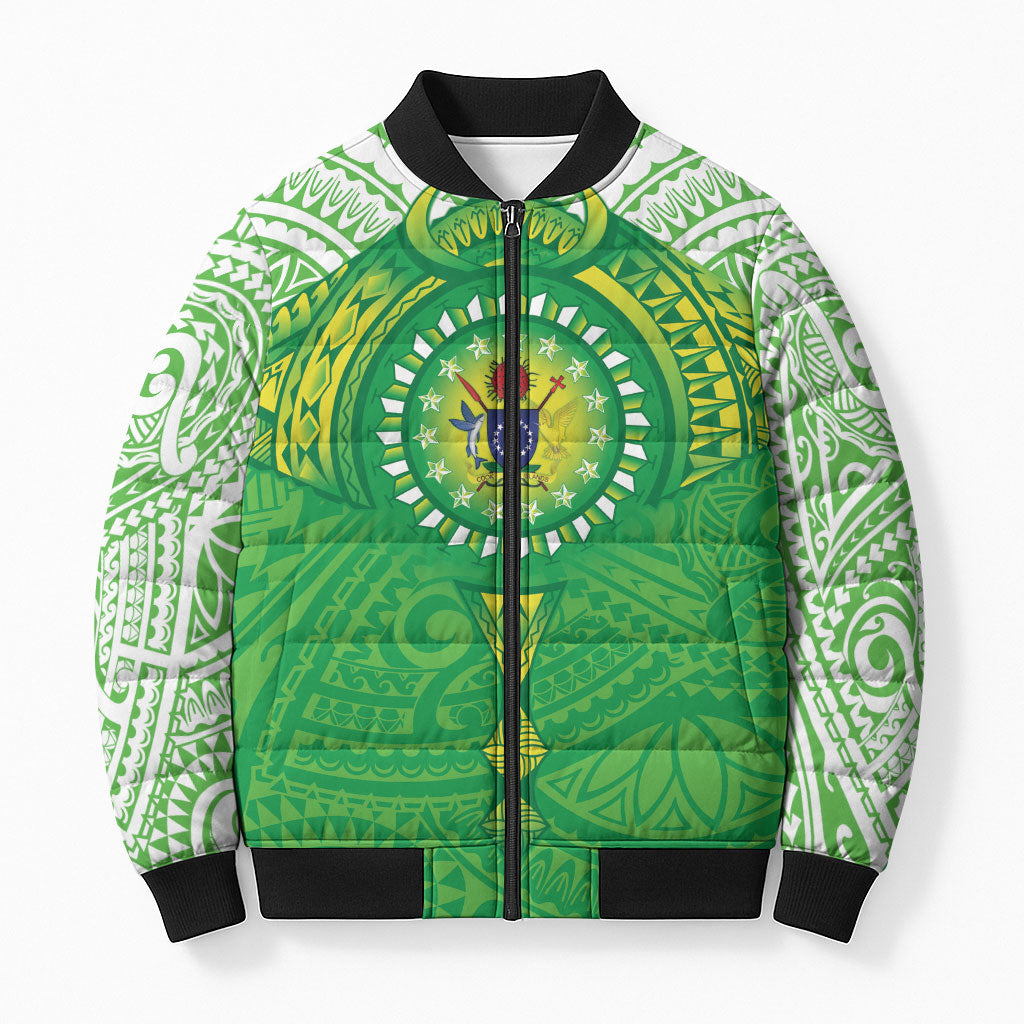 Cook Islands Manta Ray Bomber Puffer Jacket Kuki Airani Tattoo Green Color