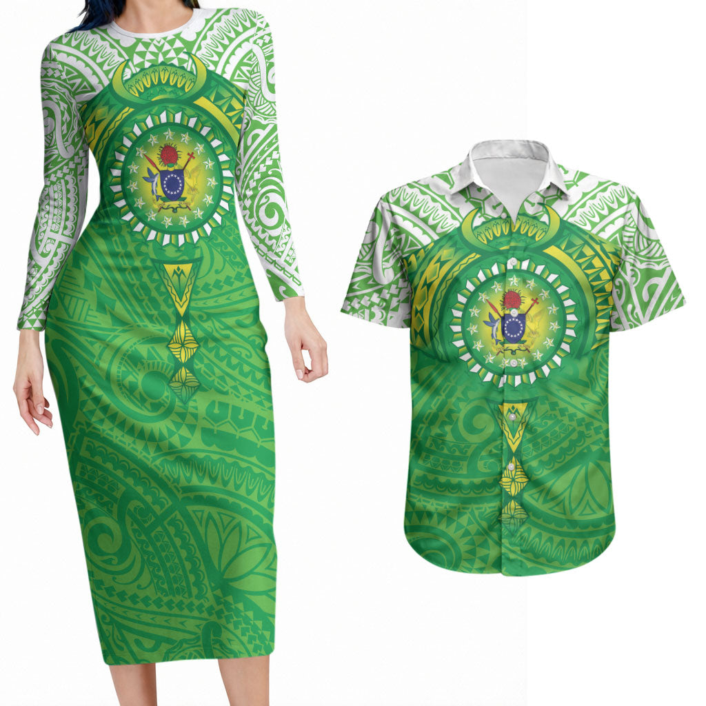 Cook Islands Manta Ray Couples Matching Long Sleeve Bodycon Dress and Hawaiian Shirt Kuki Airani Tattoo Green Color LT14 Green - Polynesian Pride