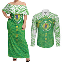 Cook Islands Manta Ray Couples Matching Off Shoulder Maxi Dress and Long Sleeve Button Shirt Kuki Airani Tattoo Green Color LT14 Green - Polynesian Pride