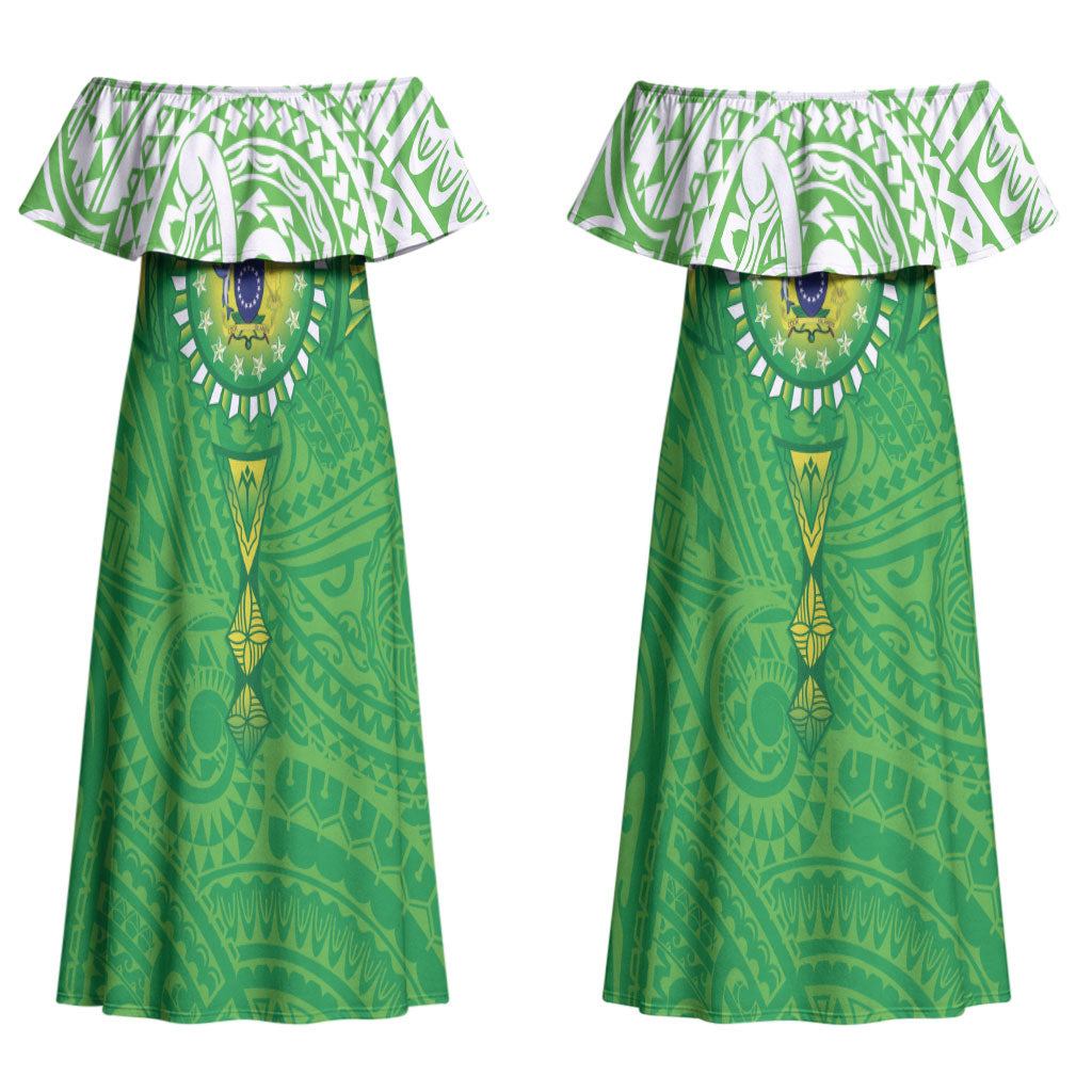 Cook Islands Manta Ray Couples Matching Off Shoulder Maxi Dress and Long Sleeve Button Shirt Kuki Airani Tattoo Green Color LT14 - Polynesian Pride