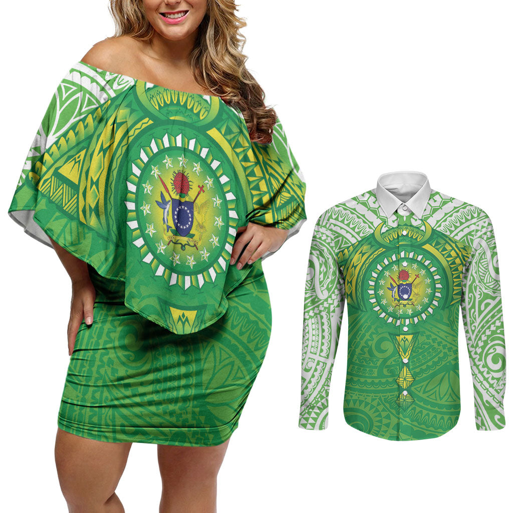 Cook Islands Manta Ray Couples Matching Off Shoulder Short Dress and Long Sleeve Button Shirt Kuki Airani Tattoo Green Color LT14 Green - Polynesian Pride
