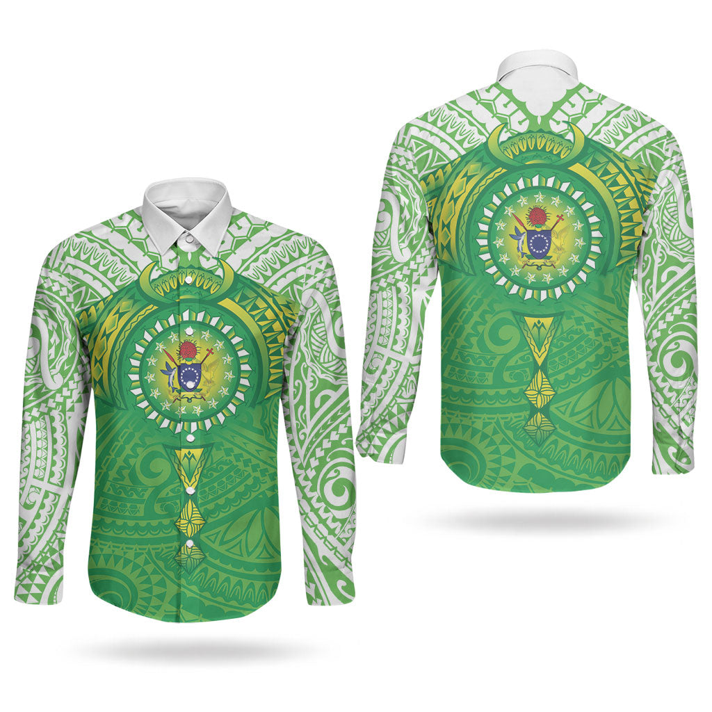 Cook Islands Manta Ray Couples Matching Tank Maxi Dress and Long Sleeve Button Shirt Kuki Airani Tattoo Green Color LT14 - Polynesian Pride