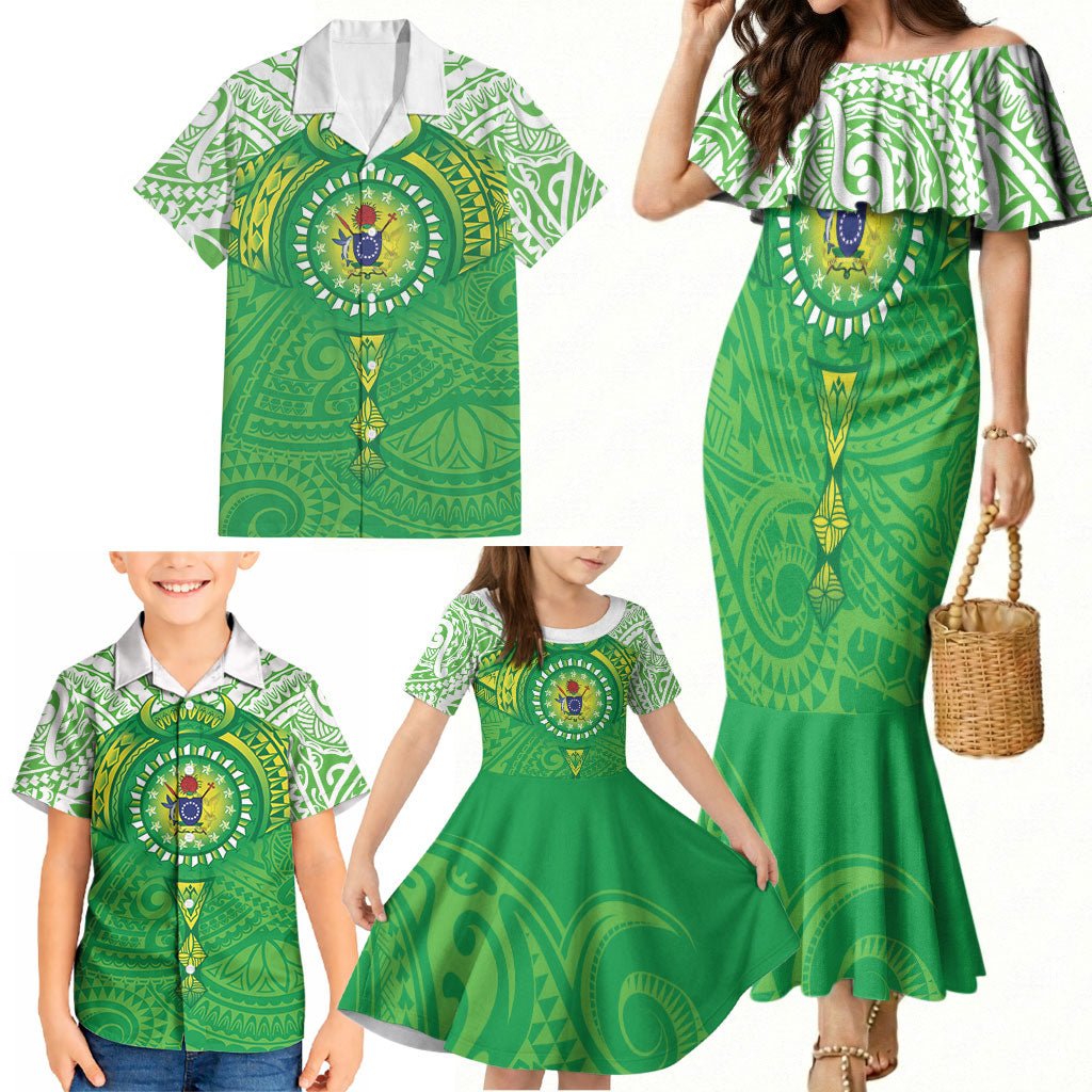Cook Islands Manta Ray Family Matching Mermaid Dress and Hawaiian Shirt Kuki Airani Tattoo Green Color LT14 - Polynesian Pride