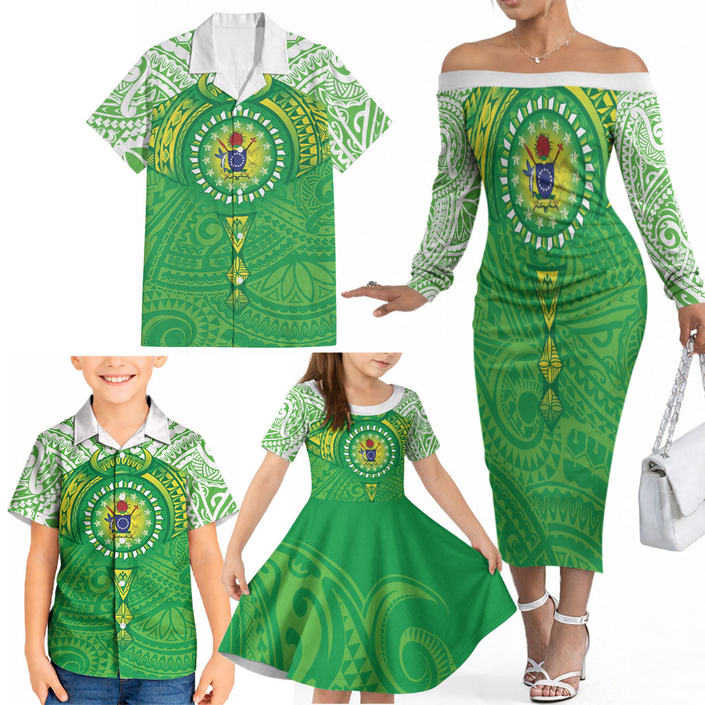 Cook Islands Manta Ray Family Matching Off The Shoulder Long Sleeve Dress and Hawaiian Shirt Kuki Airani Tattoo Green Color LT14 - Polynesian Pride