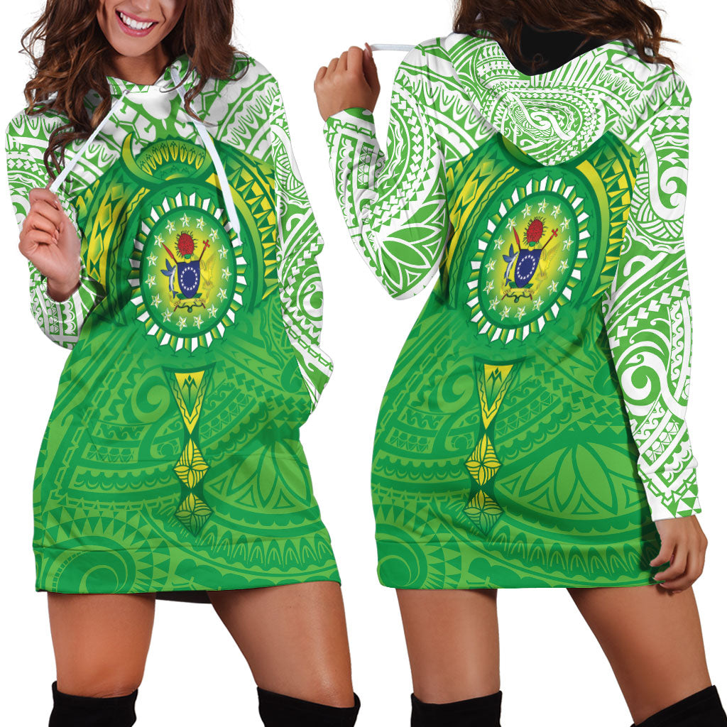 Cook Islands Manta Ray Hoodie Dress Kuki Airani Tattoo Green Color LT14 - Polynesian Pride