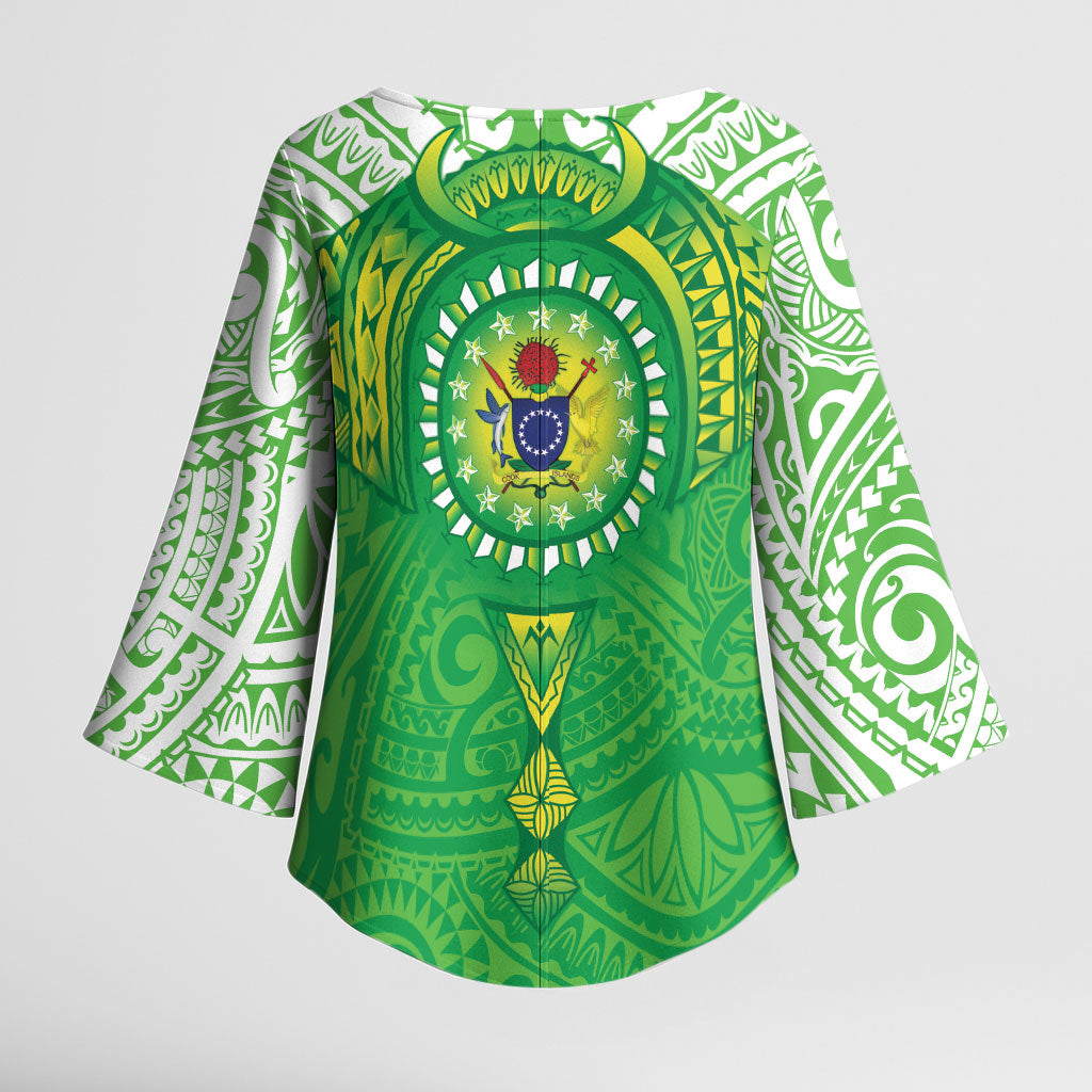 Cook Islands Manta Ray Kimono Sleeve Blouse Kuki Airani Tattoo Green Color LT14 - Polynesian Pride