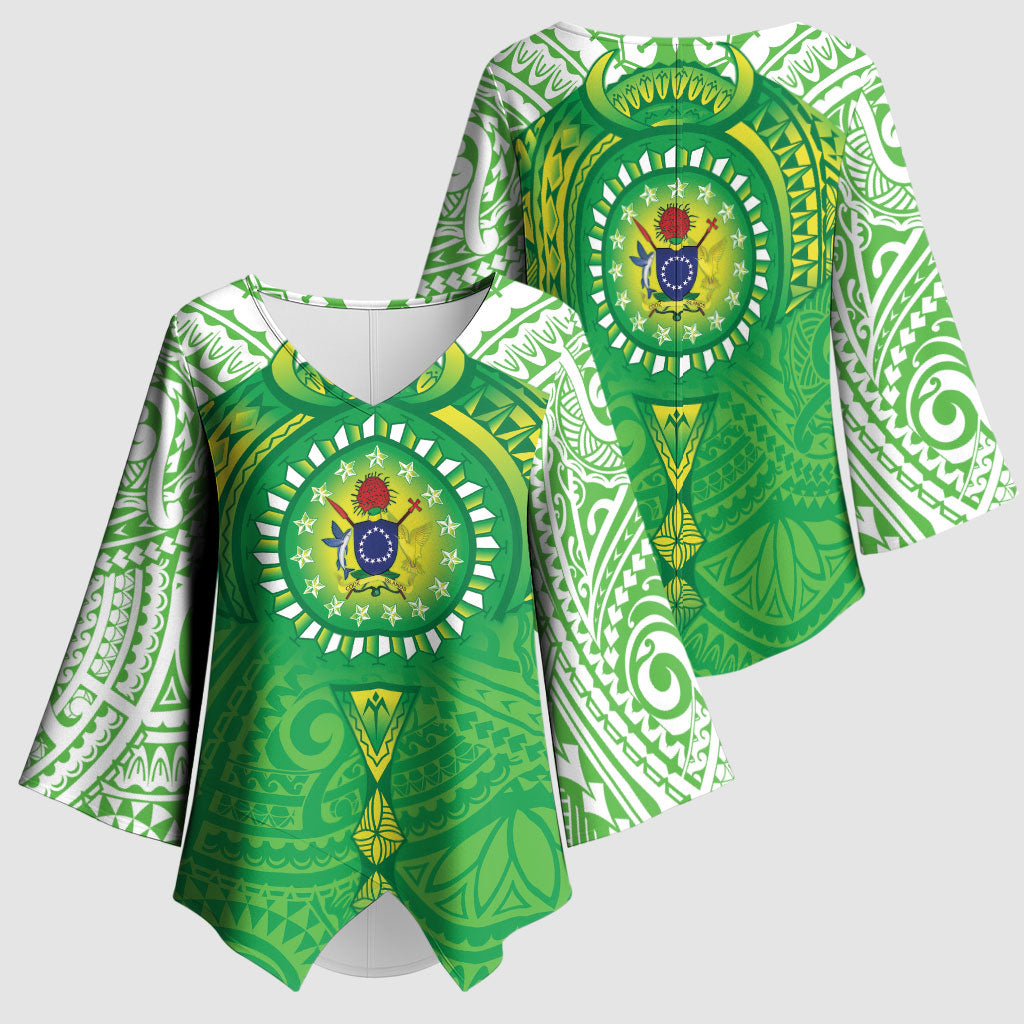 Cook Islands Manta Ray Kimono Sleeve Blouse Kuki Airani Tattoo Green Color LT14 - Polynesian Pride