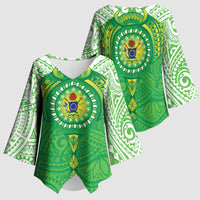 Cook Islands Manta Ray Kimono Sleeve Blouse Kuki Airani Tattoo Green Color LT14 - Polynesian Pride