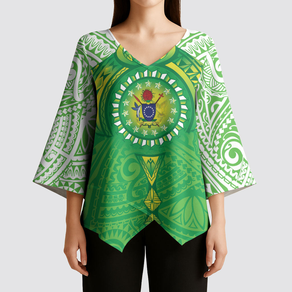 Cook Islands Manta Ray Kimono Sleeve Blouse Kuki Airani Tattoo Green Color LT14 - Polynesian Pride