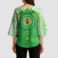 Cook Islands Manta Ray Kimono Sleeve Blouse Kuki Airani Tattoo Green Color LT14 - Polynesian Pride
