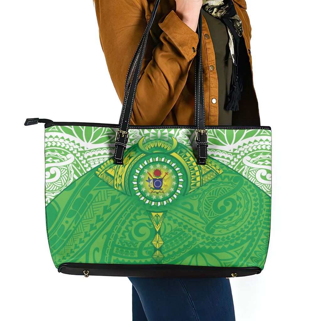 Cook Islands Manta Ray Leather Tote Bag Kuki Airani Tattoo Green Color LT14 - Polynesian Pride
