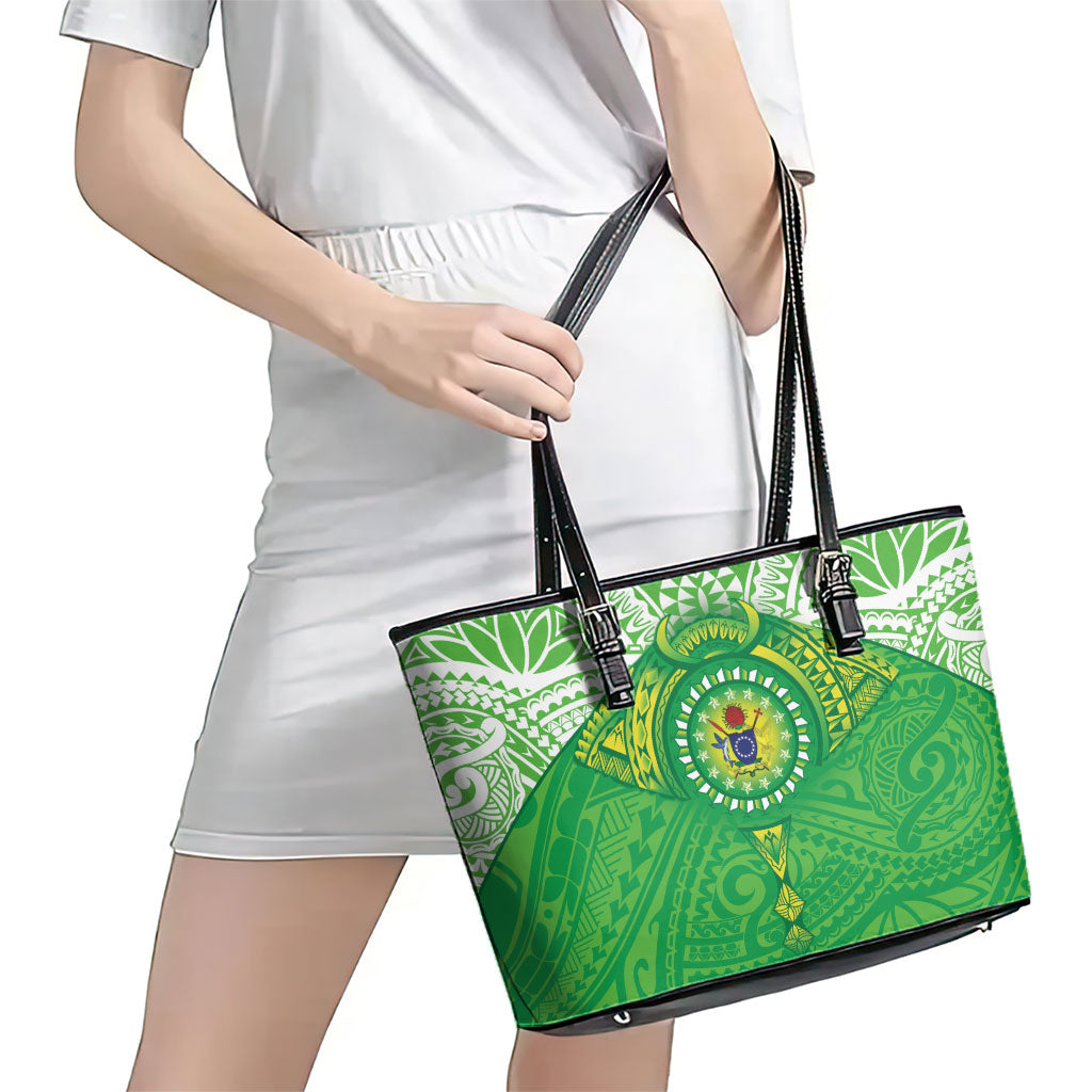 Cook Islands Manta Ray Leather Tote Bag Kuki Airani Tattoo Green Color LT14 - Polynesian Pride