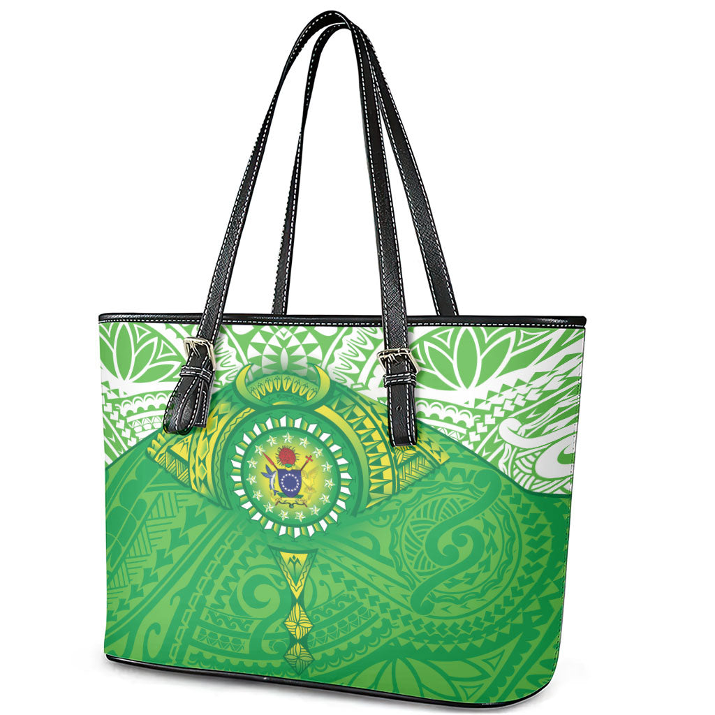 Cook Islands Manta Ray Leather Tote Bag Kuki Airani Tattoo Green Color LT14 - Polynesian Pride