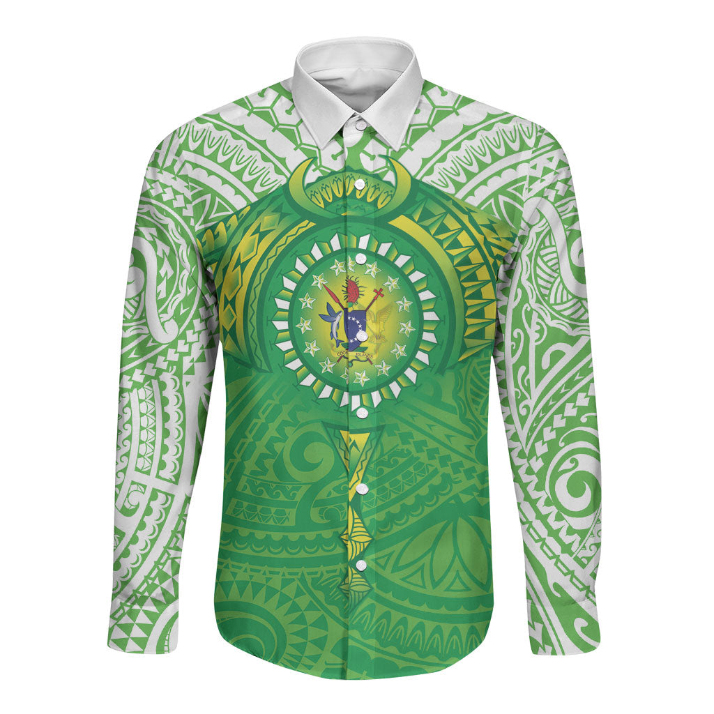 Cook Islands Manta Ray Long Sleeve Button Shirt Kuki Airani Tattoo Green Color LT14 Unisex Green - Polynesian Pride