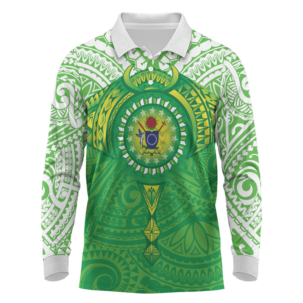 Cook Islands Manta Ray Long Sleeve Polo Shirt Kuki Airani Tattoo Green Color LT14 Green - Polynesian Pride