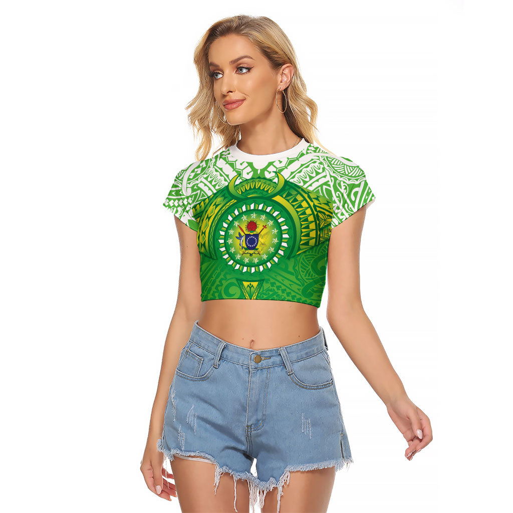 Cook Islands Manta Ray Raglan Cropped T Shirt Kuki Airani Tattoo Green Color LT14 Female Green - Polynesian Pride