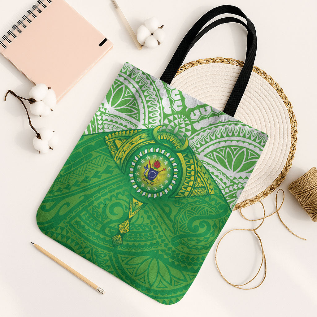 Cook Islands Manta Ray Tote Bag Kuki Airani Tattoo Green Color