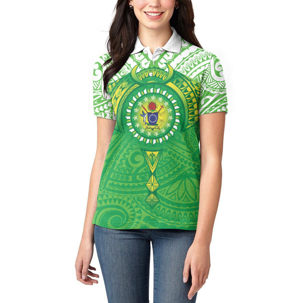 Cook Islands Manta Ray Women Polo Shirt Kuki Airani Tattoo Green Color LT14 - Polynesian Pride