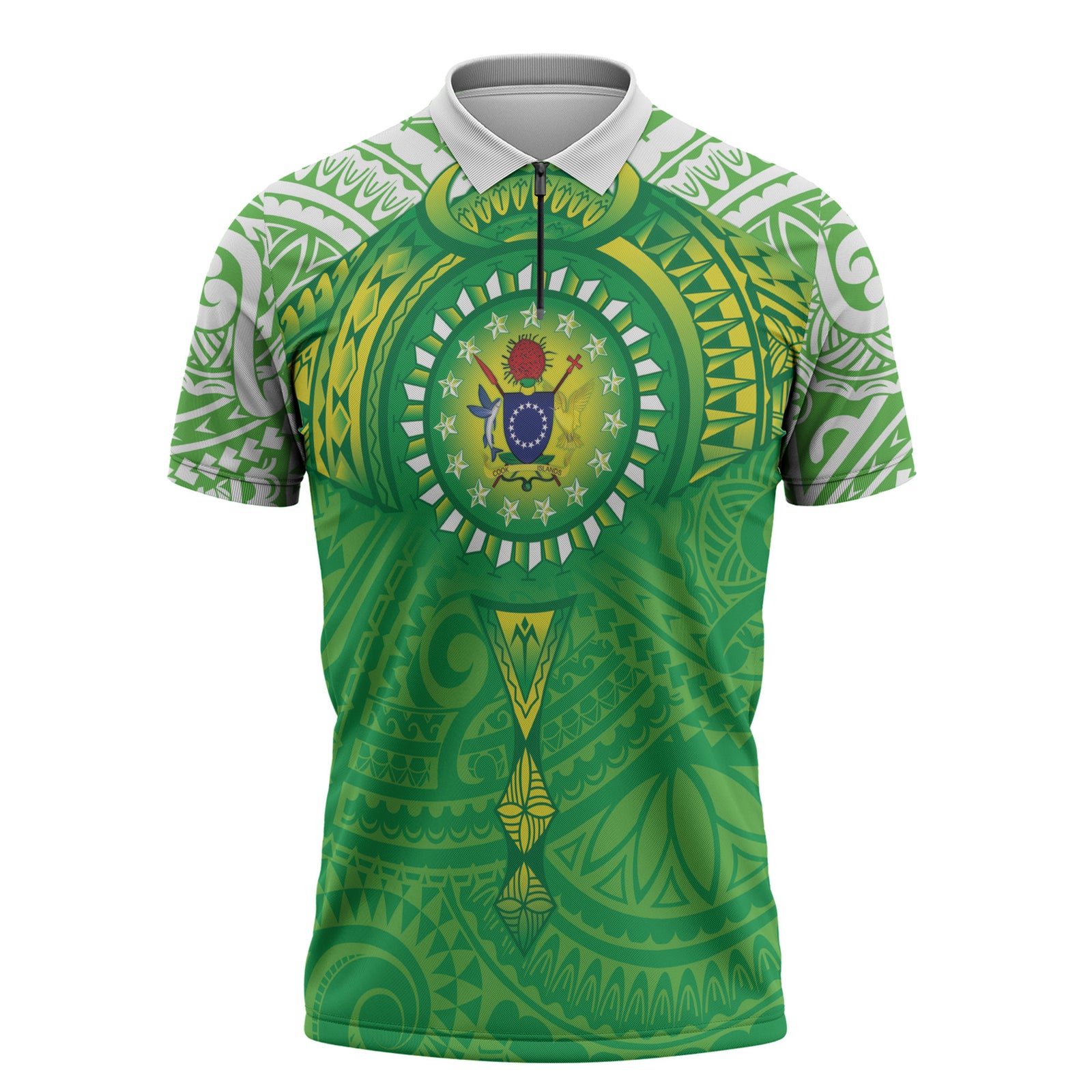 Cook Islands Manta Ray Zipper Polo Shirt Kuki Airani Tattoo Green Color