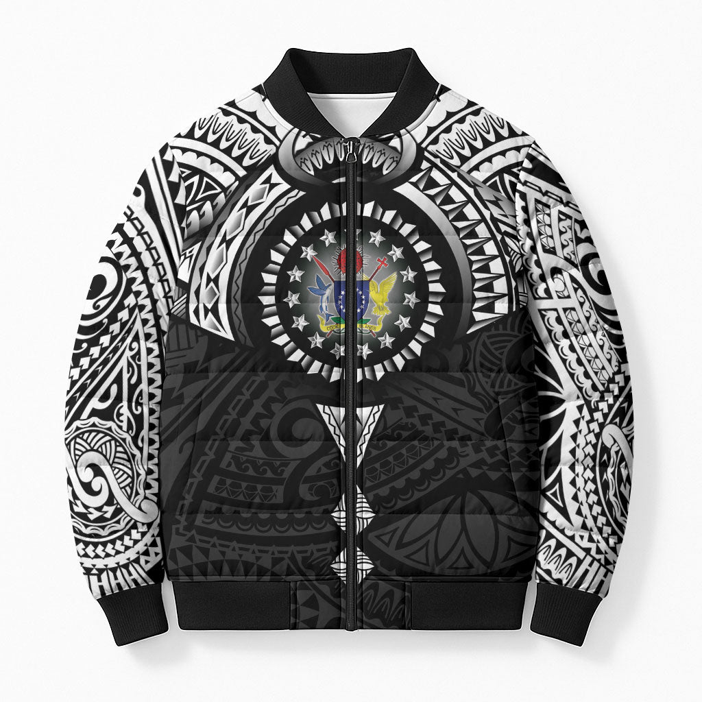 Cook Islands Manta Ray Bomber Puffer Jacket Kuki Airani Tattoo Black Color