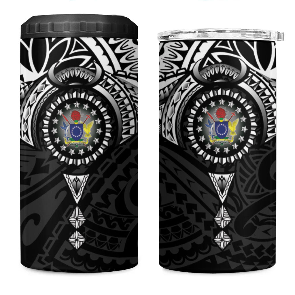 Cook Islands Manta Ray 4 in 1 Can Cooler Tumbler Kuki Airani Tattoo Black Color