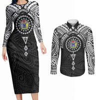 Cook Islands Manta Ray Couples Matching Long Sleeve Bodycon Dress and Long Sleeve Button Shirt Kuki Airani Tattoo Black Color LT14 Black - Polynesian Pride