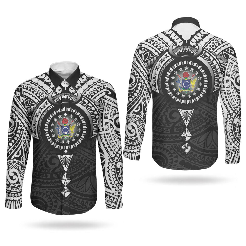 Cook Islands Manta Ray Couples Matching Mermaid Dress and Long Sleeve Button Shirt Kuki Airani Tattoo Black Color LT14 - Polynesian Pride
