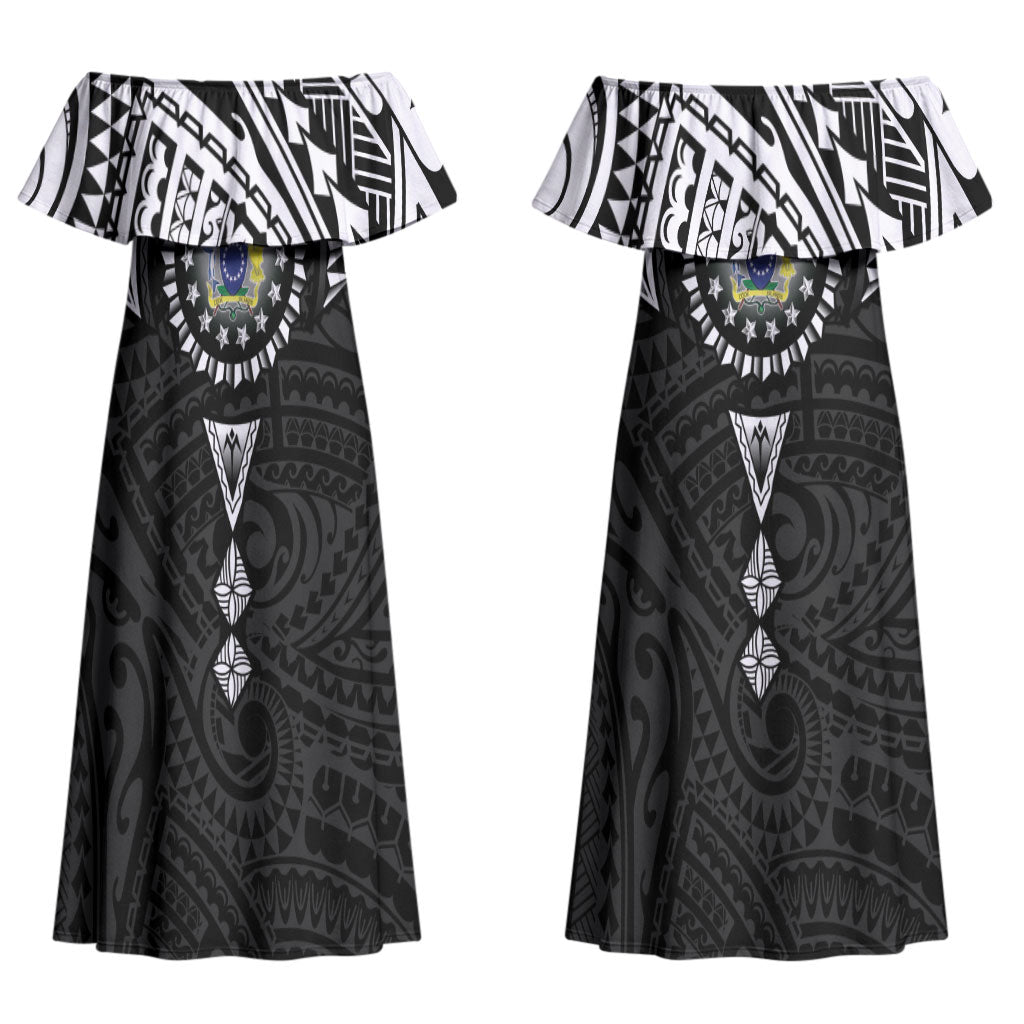 Cook Islands Manta Ray Couples Matching Off Shoulder Maxi Dress and Hawaiian Shirt Kuki Airani Tattoo Black Color LT14 - Polynesian Pride