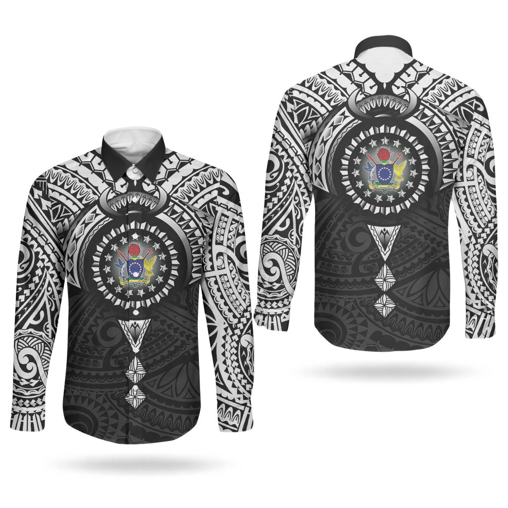 Cook Islands Manta Ray Couples Matching Off Shoulder Maxi Dress and Long Sleeve Button Shirt Kuki Airani Tattoo Black Color LT14 - Polynesian Pride