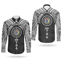 Cook Islands Manta Ray Couples Matching Off Shoulder Maxi Dress and Long Sleeve Button Shirt Kuki Airani Tattoo Black Color LT14 - Polynesian Pride