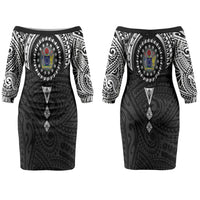Cook Islands Manta Ray Couples Matching Off The Shoulder Long Sleeve Dress and Long Sleeve Button Shirt Kuki Airani Tattoo Black Color LT14 - Polynesian Pride