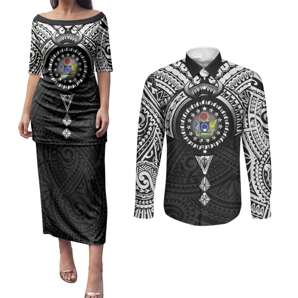 Cook Islands Manta Ray Couples Matching Puletasi and Long Sleeve Button Shirt Kuki Airani Tattoo Black Color