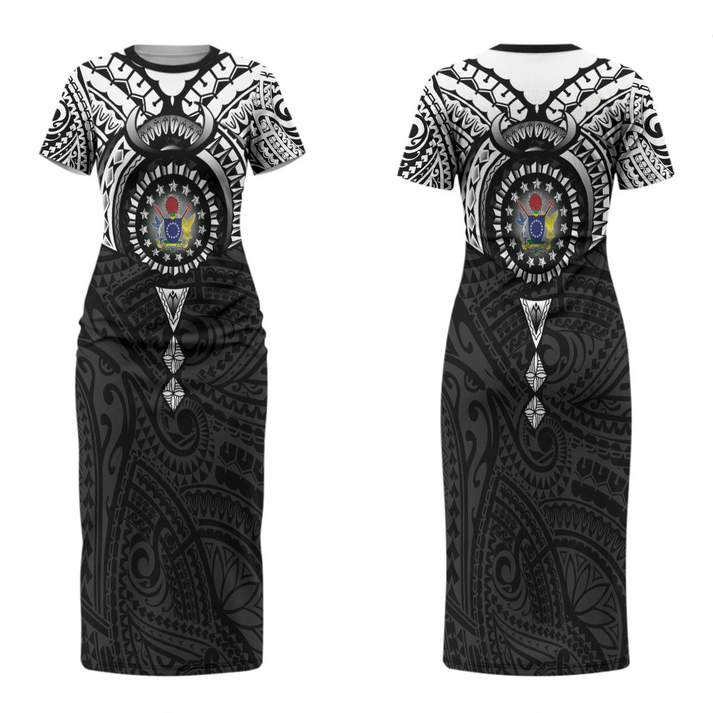 Cook Islands Manta Ray Couples Matching Short Sleeve Bodycon Dress and Long Sleeve Button Shirt Kuki Airani Tattoo Black Color LT14 - Polynesian Pride