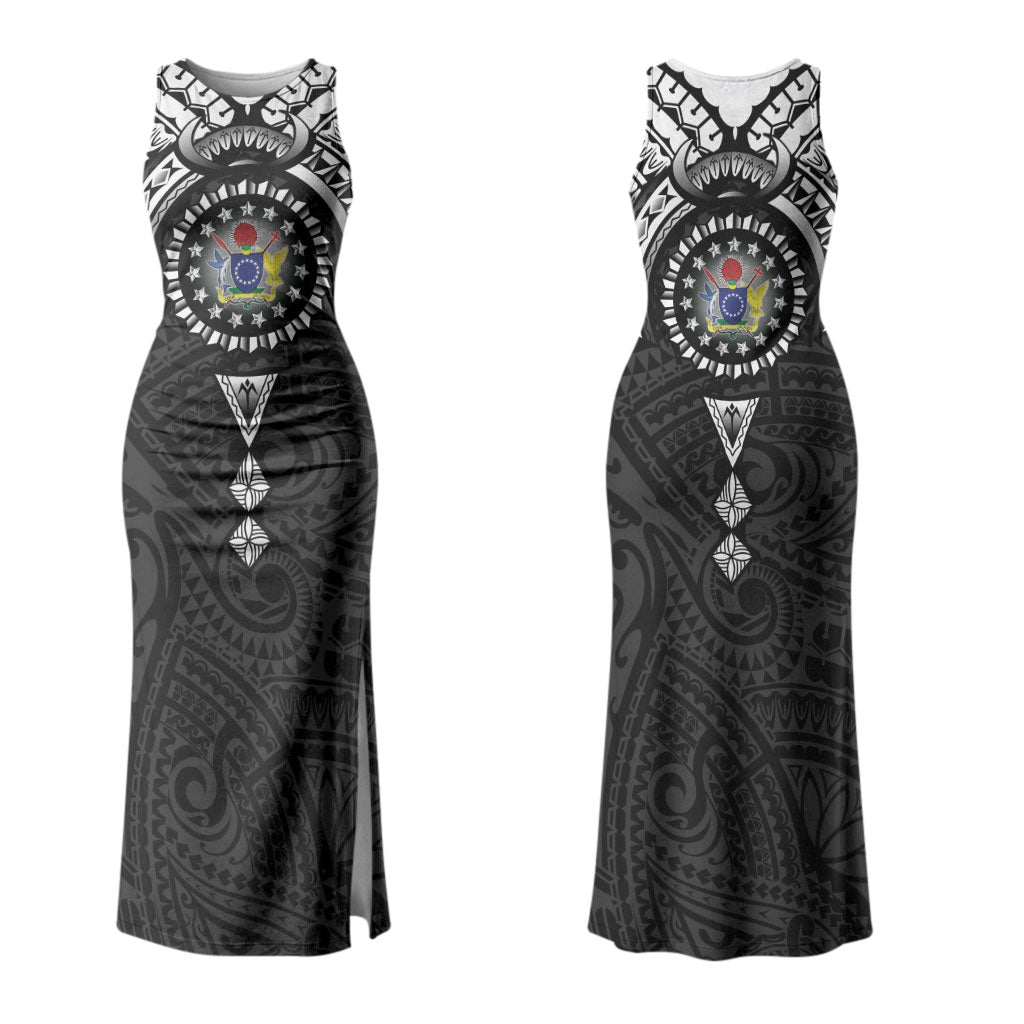 Cook Islands Manta Ray Couples Matching Tank Maxi Dress and Long Sleeve Button Shirt Kuki Airani Tattoo Black Color LT14 - Polynesian Pride