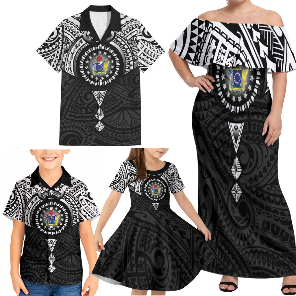 Cook Islands Manta Ray Family Matching Off Shoulder Maxi Dress and Hawaiian Shirt Kuki Airani Tattoo Black Color LT14 - Polynesian Pride