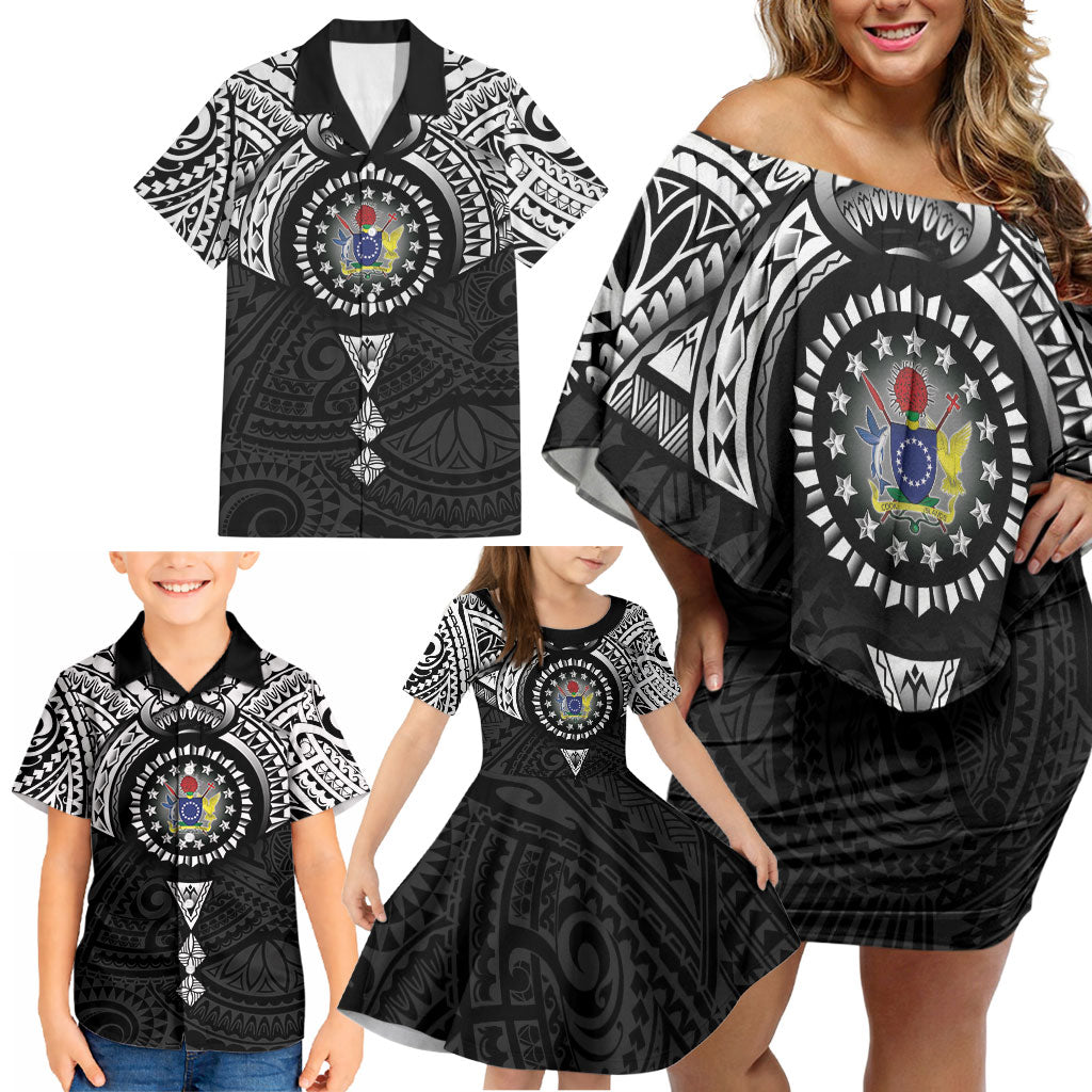 Cook Islands Manta Ray Family Matching Off Shoulder Short Dress and Hawaiian Shirt Kuki Airani Tattoo Black Color LT14 - Polynesian Pride