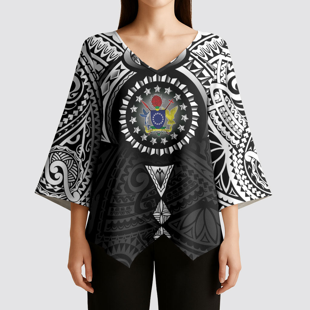 Cook Islands Manta Ray Kimono Sleeve Blouse Kuki Airani Tattoo Black Color LT14 - Polynesian Pride