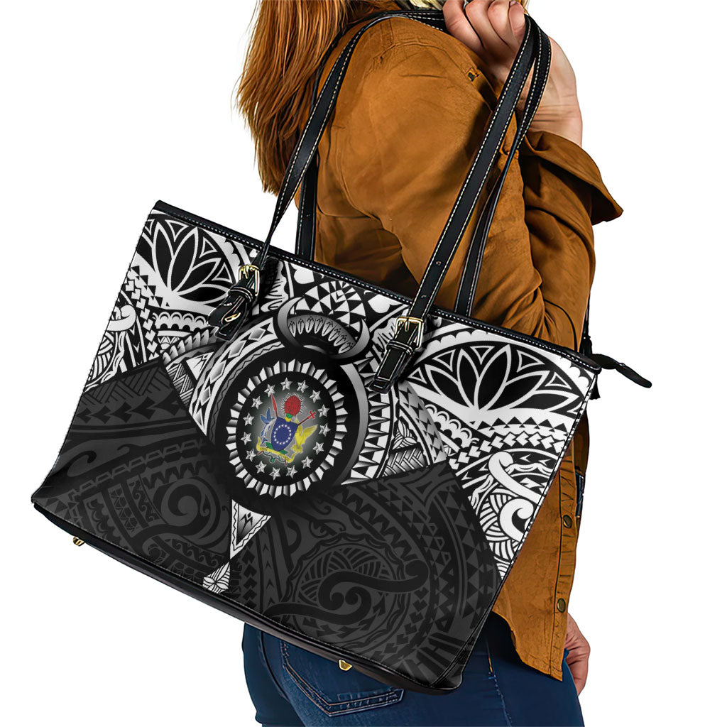 Cook Islands Manta Ray Leather Tote Bag Kuki Airani Tattoo Black Color LT14 - Polynesian Pride