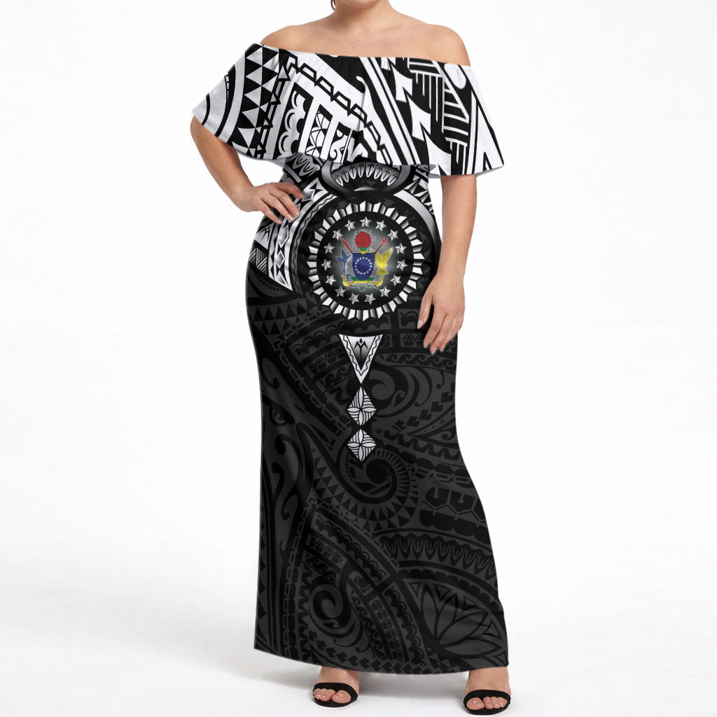 Cook Islands Manta Ray Off Shoulder Maxi Dress Kuki Airani Tattoo Black Color LT14 Women Black - Polynesian Pride