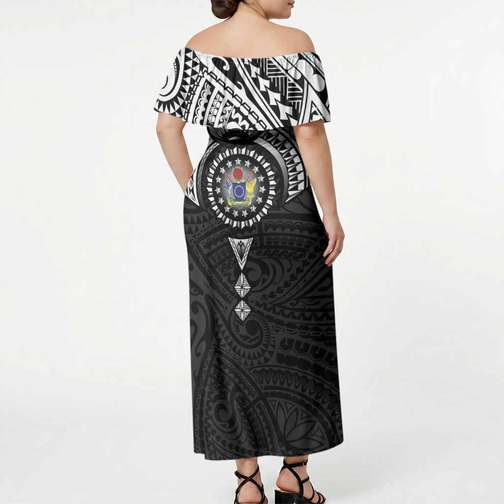 Cook Islands Manta Ray Off Shoulder Maxi Dress Kuki Airani Tattoo Black Color LT14 - Polynesian Pride