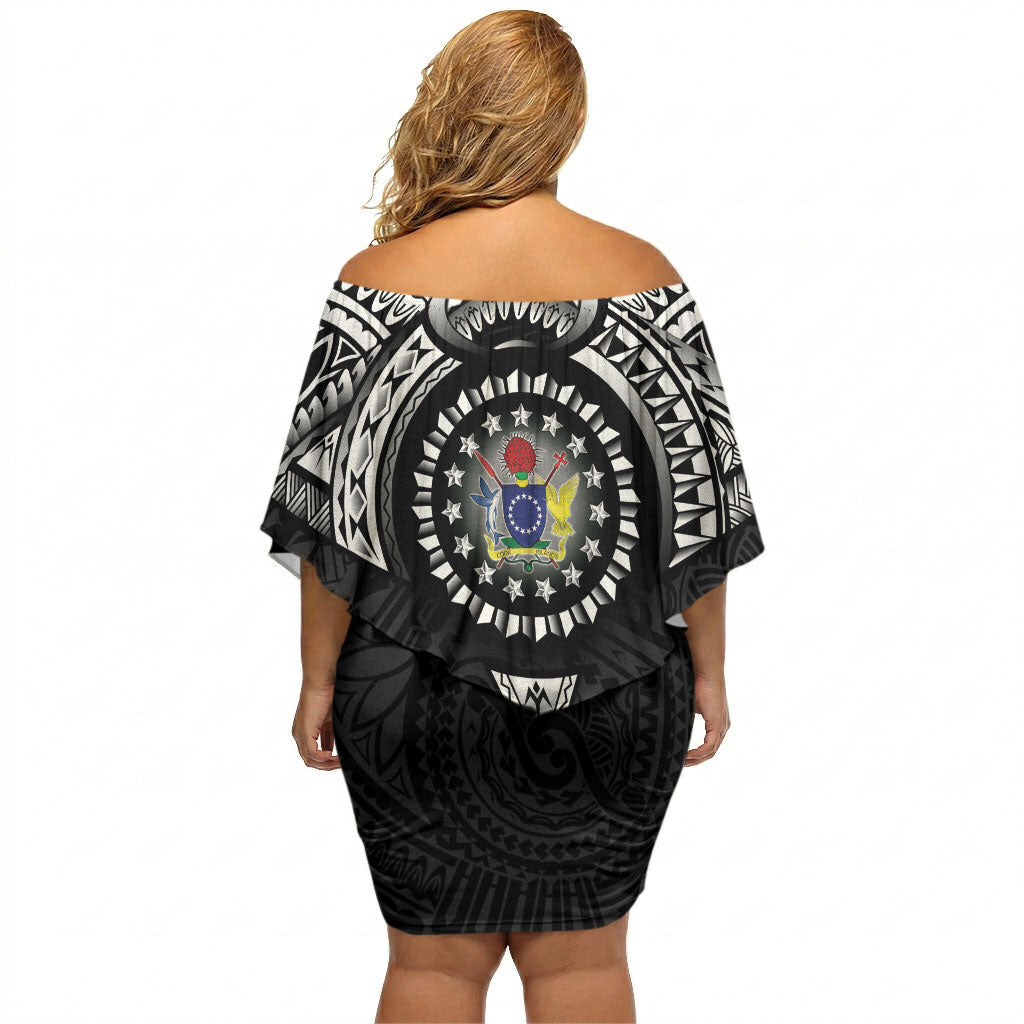 Cook Islands Manta Ray Off Shoulder Short Dress Kuki Airani Tattoo Black Color LT14 - Polynesian Pride